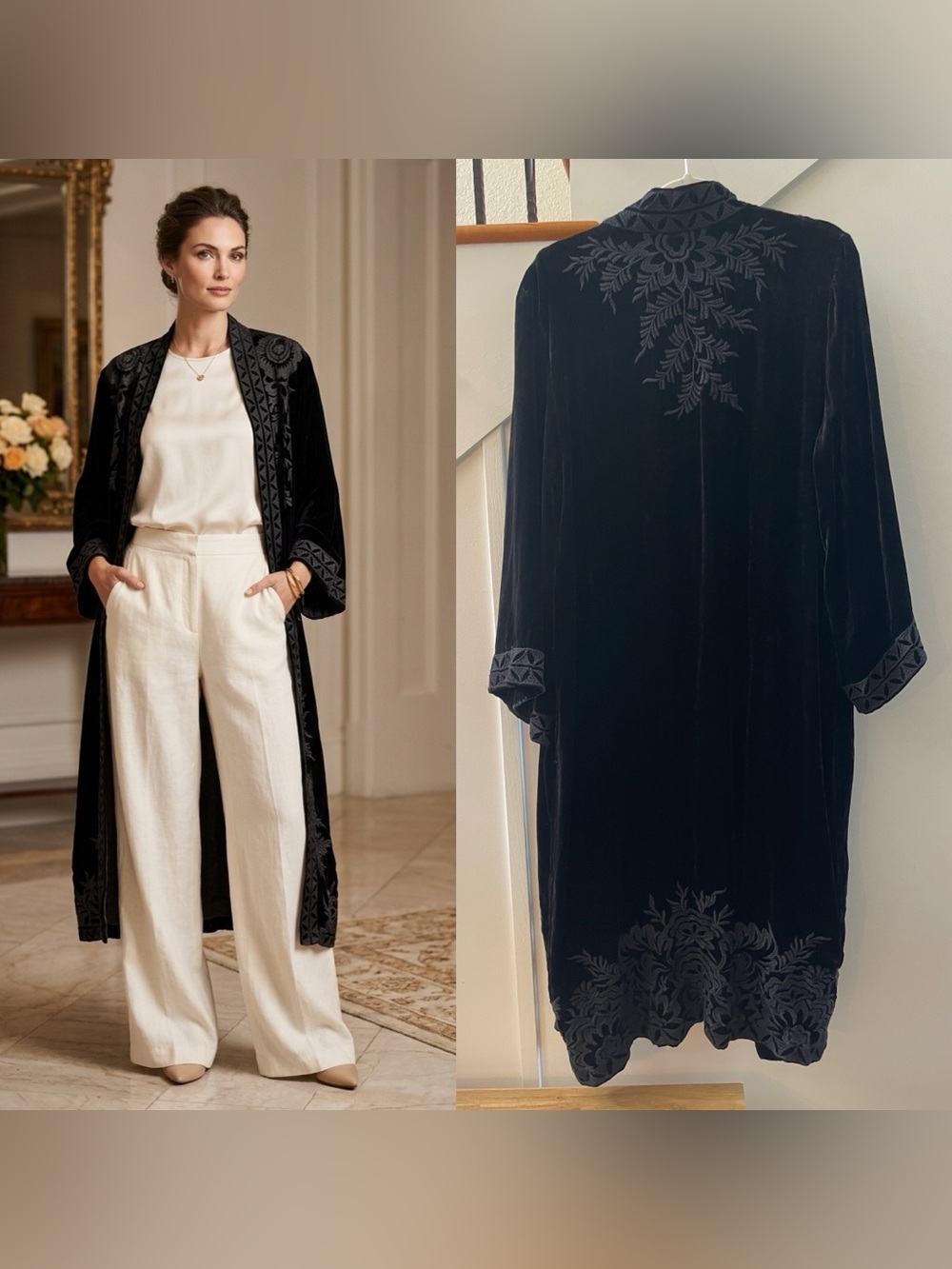 Johnny Was Black Velvet Tonal Embroidered Coat with Bishop Sleeves NWOT Size XL